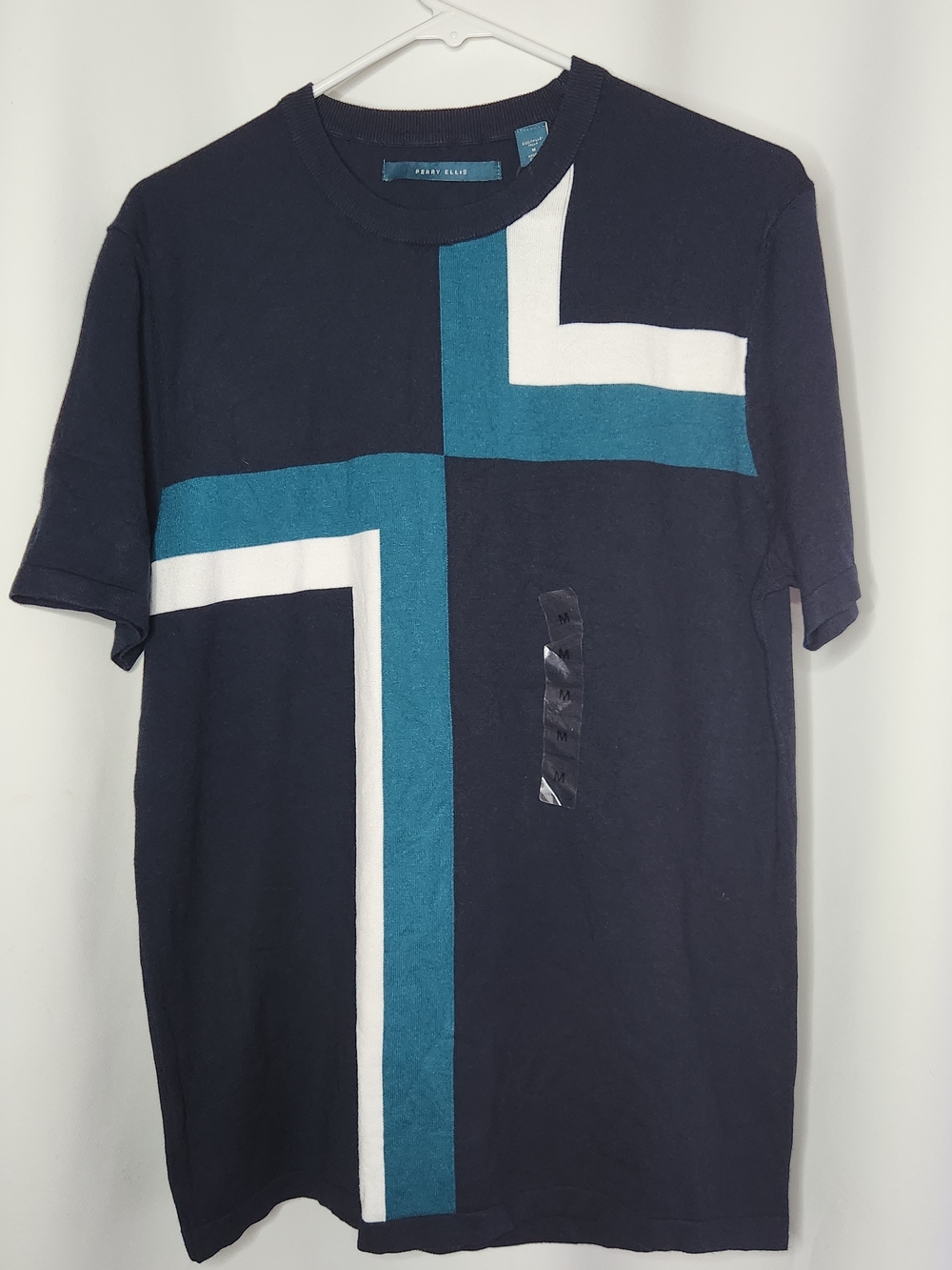 Perry Ellis Navy Short-Sleeve Crewneck Tee with Teal & White Cross Graphic